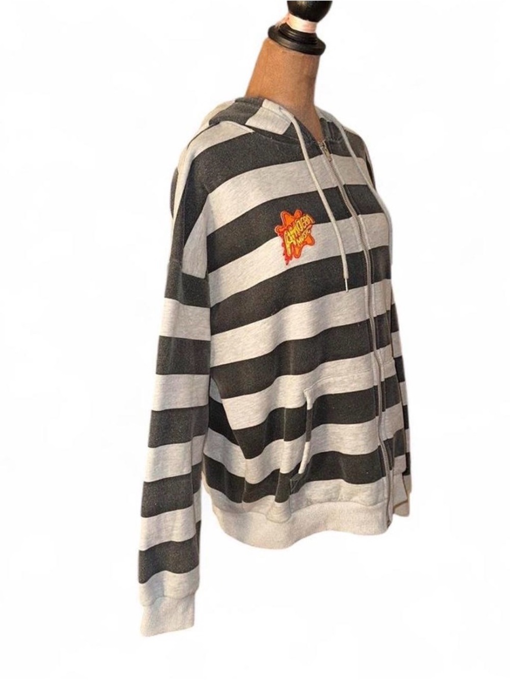 Black and Gray Striped Zip Hoodie Amoeba Music Records Patch Medium Edikted - Picture 3 of 8